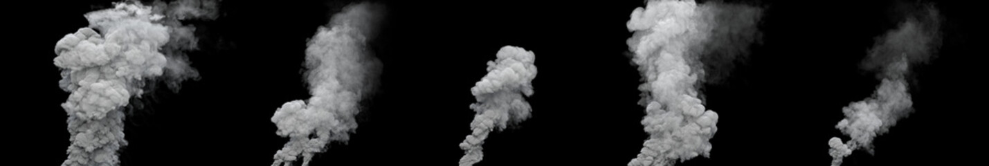 5 grey carbon smoke columns from power station on black, isolated - industrial 3D rendering