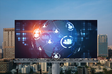 World planet Earth map hologram of social media icons over sunset panoramic cityscape of Bangkok, Southeast Asia. The concept of people connections.
