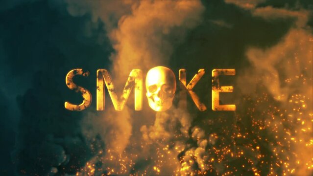 Text smoke with man skull on background with fire and smoke - loop video