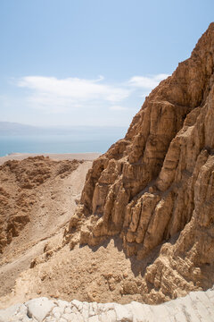 View  from a mountain near the Tamarim stream on the Israeli side of the Dead Sea and the mountains on the Jordan side near Jerusalem in Israel