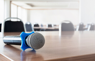 Fototapeta premium Close up microphone on table in seminar room.