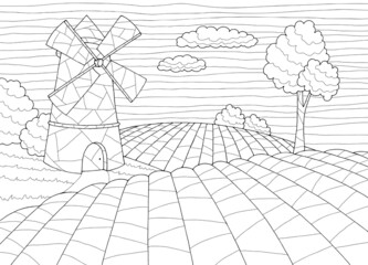 Field coloring windmill graphic black white landscape sketch illustration vector