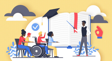 Inclusive education. Group of tiny diversity children and teacher study on school lesson, kid with disability learning, sitting in wheelchair flat vector illustration. Inclusion, assistance concept