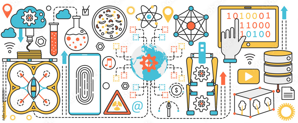 Poster Innovation science technology, education. Algorithm research method of information, laboratory discovery in microbiology, medicine and physics infographic concept banner, thin line art design