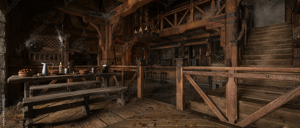 Poster cinematic wide view of medieval tavern with food and drink on wooden tables. 3d rendering.
