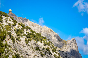 Peak of Puig Major the highest point in Mallorca and also of the whole balearic islands with a dome of a radar station on top located in the serra de tramuntana nearby the valley Vall de Cúber.