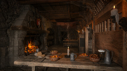 Atmospheric medieval tavern interior with dining table lit by window light and open fireplace in the background. 3D illustration.