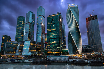 Skyscrapers in the Moscow City area in the city of Moscow in the evening (at night)