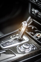 Control panel dashboard car fragment. Automatic transmission gear shift in car