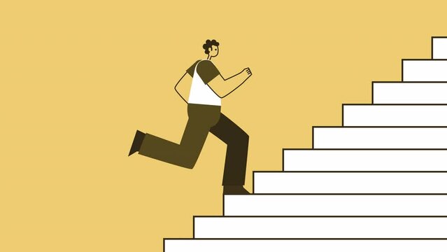 Yellow Style Man Flat Character Run Up the Stairs. Isolated Loop Animation with Alpha Channel