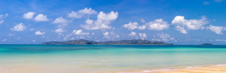 Panorama view of tropical virgin island in clear blue sky summer with turquoise sea water and white...