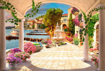 View from the terrace to the blue sunny sea with an arch. Digital mural. Photo wallpapers....