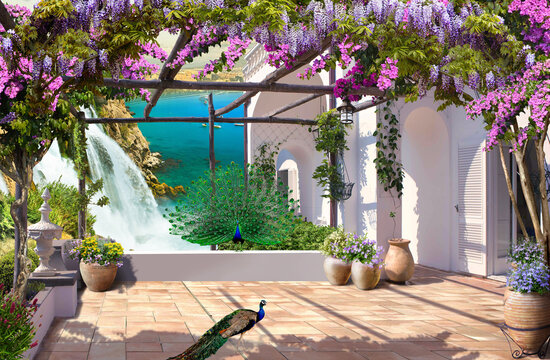 Beautiful old landscaped terrace of the house with flowers. View of a beautiful mountain waterfall. Photo wallpapers. Wallpaper on the wall for the living room.