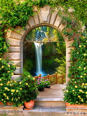 Arch with access to the waterfall. Digital mural.