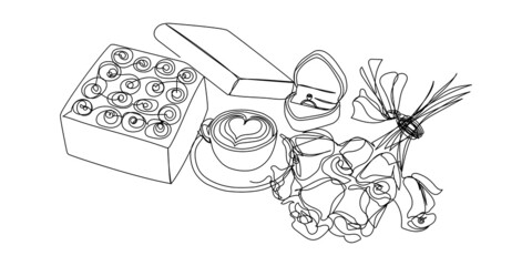 Bouquet of roses and engaged ring, cappuccino, box of chocolates continuous line drawing. One line art of flowers, romantic, 14 february, heart, relationships, sweets, gift, love, peonies.