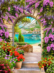 Obraz premium Lilac arch with a view of the embankment. Mediterranean landscape. Photo wallpapers. Wallpaper on the wall.
