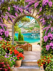Fotobehang Toscane Lilac arch with a view of the embankment. Mediterranean landscape. Photo wallpapers. Wallpaper on the wall.  © ART-poster