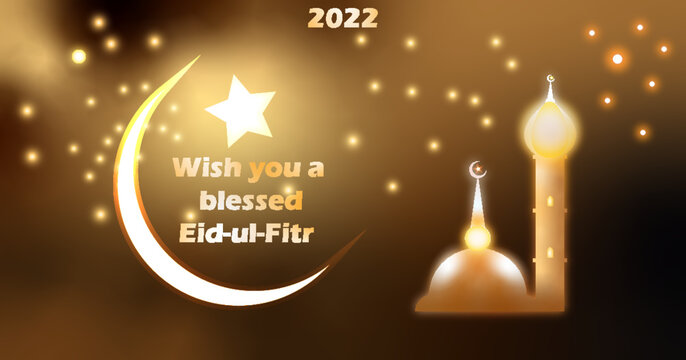 Eid-ul-fitr wallpaper, card, social media post or Facebook cover photo, resizeable banner with glowing text, lights, sparkles, stars, mosque with moon and stars, dome and minaret
