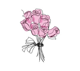 Bouquet of pink chinese roses continuous line drawing. One line art of decoration, flowers, roses, garden flowers, bouquet, floristry, romance, gift, relationship, love, peonies, dahlias, carnations.