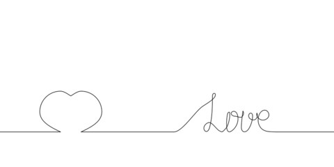 Love handwritten continuous line drawing with big heart. One line art of english hand written lettering, phrase on line greeting card.