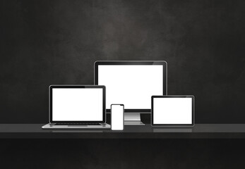 Computer, laptop, mobile phone and digital tablet pc. Black shelf banner