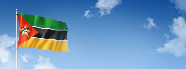 Mozambique flag isolated on a blue sky. Horizontal banner - obrazy, fototapety, plakaty
