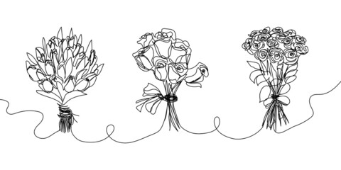 Set of big bouquets continuous line drawing. One line art of decoration, flowers, roses, garden flowers, floristry, romance, relationship, love, peonies, tulips, dahlias, carnations.