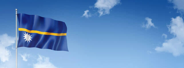 Nauru flag isolated on a blue sky. Horizontal banner