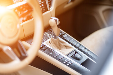 Control panel dashboard car fragment. Automatic transmission gear shift in car