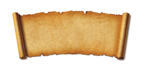 Old paper horizontal banner. Parchment scroll isolated on white with shadow