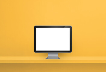 Computer pc on yellow shelf banner