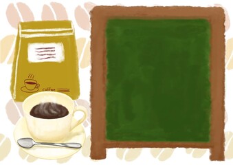 手描き風でコーヒー豆とコーヒーカップと黒板でカフェのお知らせを