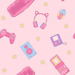 Pink Rerto Gamer Girl seamless pattern. Vintage pink computer game equipment vector background.