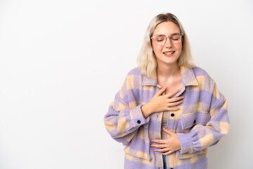 Young caucasian woman isolated on white background smiling a lot