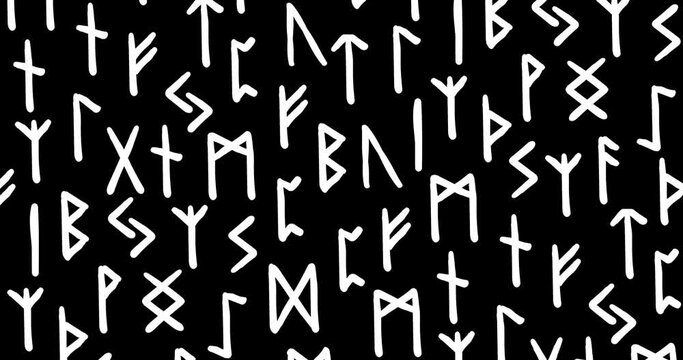 Animation with magic rune symbols. Runes looping seamless ethnic pattern. Ethnic runic alphabet, Futhark. Ancient norse occult symbols, black vikings letters. Alpha channel. 4K Video motion graphic