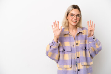 Young caucasian woman isolated on white background counting nine with fingers