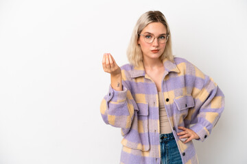 Young caucasian woman isolated on white background making Italian gesture