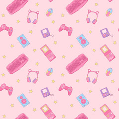 Pink Rerto Gamer Girl seamless pattern. Vintage pink computer game equipment vector background.