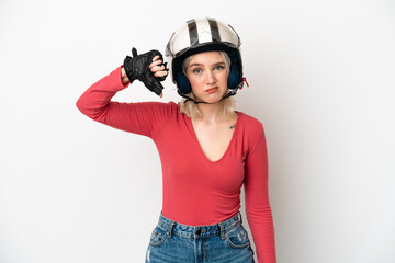 Young caucasian woman with a motorcycle helmet isolated on white background showing thumb down with negative expression