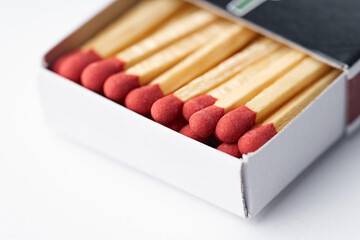Burnt matches isolated on white. Box of matches. Different stages of match burning Burnt matches. 