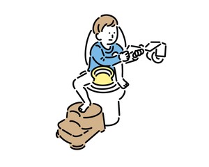 トイレに座ってトイレットペーパーを取る幼児