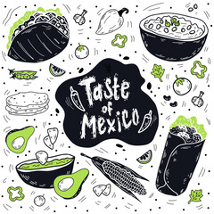 mexican cuisine, burrito, tacos, nachos, guacamole, vector flat illustration in line drawing style, doodle