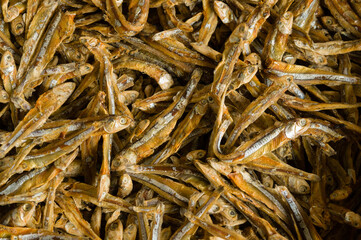 Heap of small dry fish on display for sale