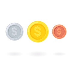 Cartoon gold, silver and copper coins with dollar symbol. Vector illustration isolated on white background