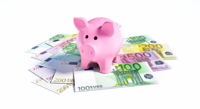 Euro banknotes with pink piggy bank - 3D illustration