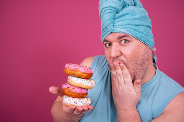 Funny fat man eats donuts. Retro style. Food and fitness.