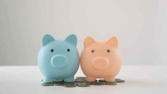 Two piggy bank standing on pile of coins. Hand throws coins into piggy banks in turn on white background. Saving money, division of investments. Pension, Savings, finance accounting diversification