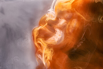 Orange white black smoke background, colorful fog, abstract swirling ink ocean sea, acrylic paint pigment underwater © amixstudio