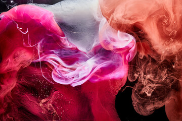 Multicolor pink smoke on black ink background, colorful fog, abstract swirling touch ocean sea,...
