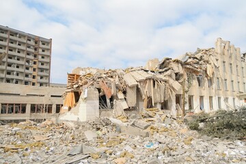 Destroyed school in the Ukrainian city of Zhytomyr. Russian aggression concept